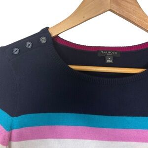 TALBOTS sz P (XSP) Women's Sweater Multicolor Striped Pullover Buttons Navy +
